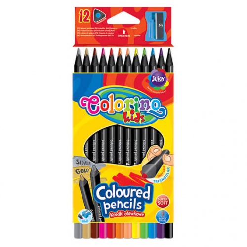 Colorino Kids kolmnurksed värvipliiatsid 12 värvi (teritajaga) must puidust