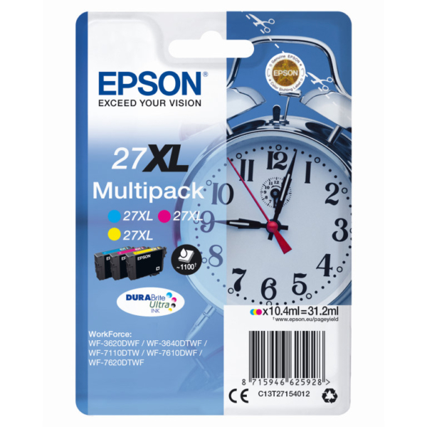 Tint Epson Multipack T2715 27XL Ink Cartridge, 1 x Cyan, 1 x Magenta and 1 x Yellow Cartridge (1100 lehte)