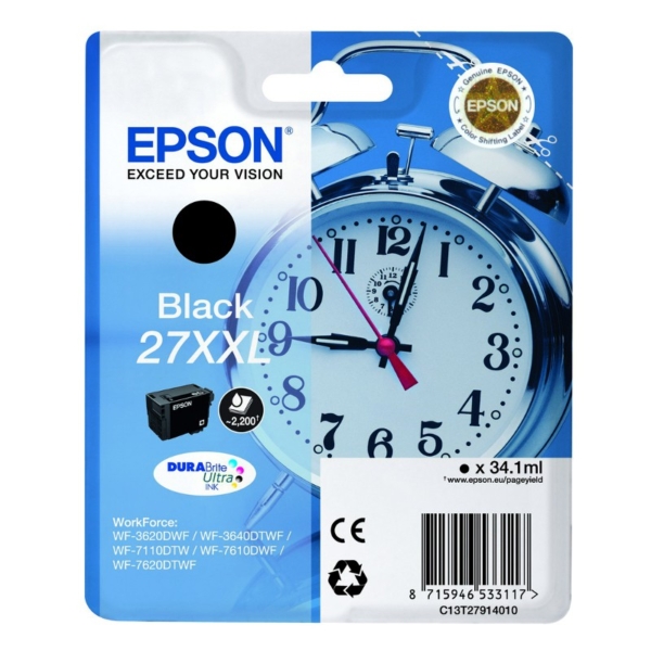 Tint Epson DURABrite Ultra WF3620 / WF3640 / WF7110 / WF7210 / WF7610 / WF7620 / WF7710 Must (34,1 ml, NO27XXL, 2200lk)